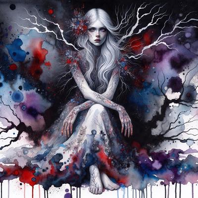 The primary subject of the image is a woman with long hair, sitting in front of a tree. She is wearing a dress and appears to be looking at the viewer. The setting is a forest, with the tree being the main backdrop. The visual style is a combination of digital art and illustration, creating a surreal and artistic atmosphere. The colors are predominantly blue and red, with the blue dress and red accents adding to the overall mood of the image.